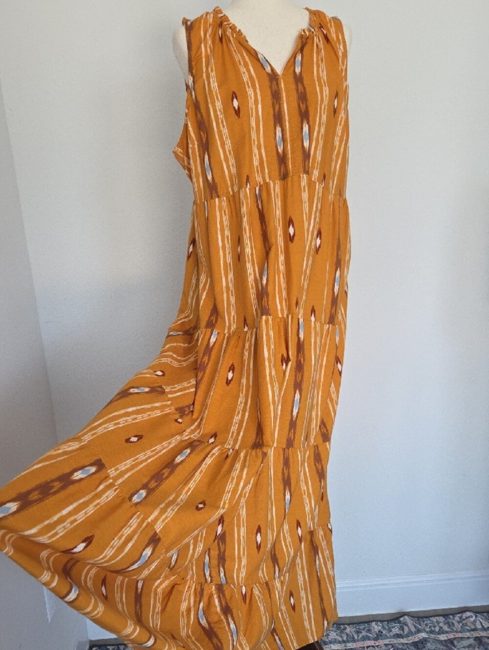 Sonoma Mustard Yellow Tiered Maxi Dress with Tribal Stripe South western XXL